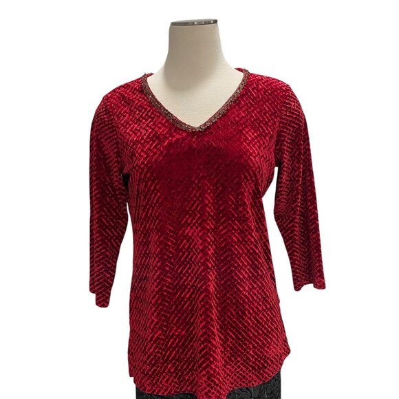 VTG Notations Petite M Red Velvet Festival Top Holiday Party Luxe Sparkle Trim - Picture 10 of 10
